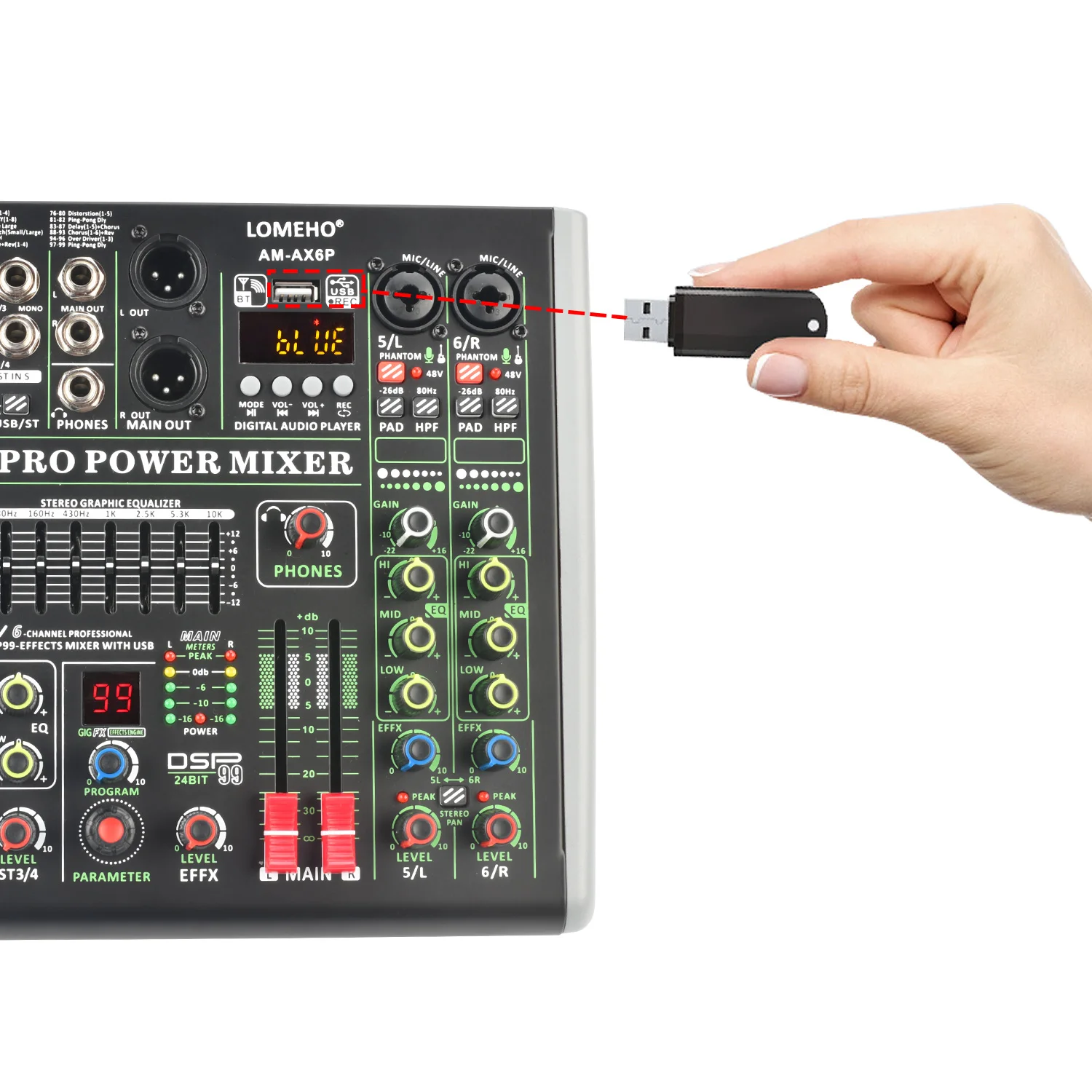 LOMEHO-Mesa mezcladora de sonido EQ de 7 bandas, consola de DJ de mezcla de  6 canales Mono con salida USB 2 AUX, AM-GT6 de efectos individuales de 48V  99