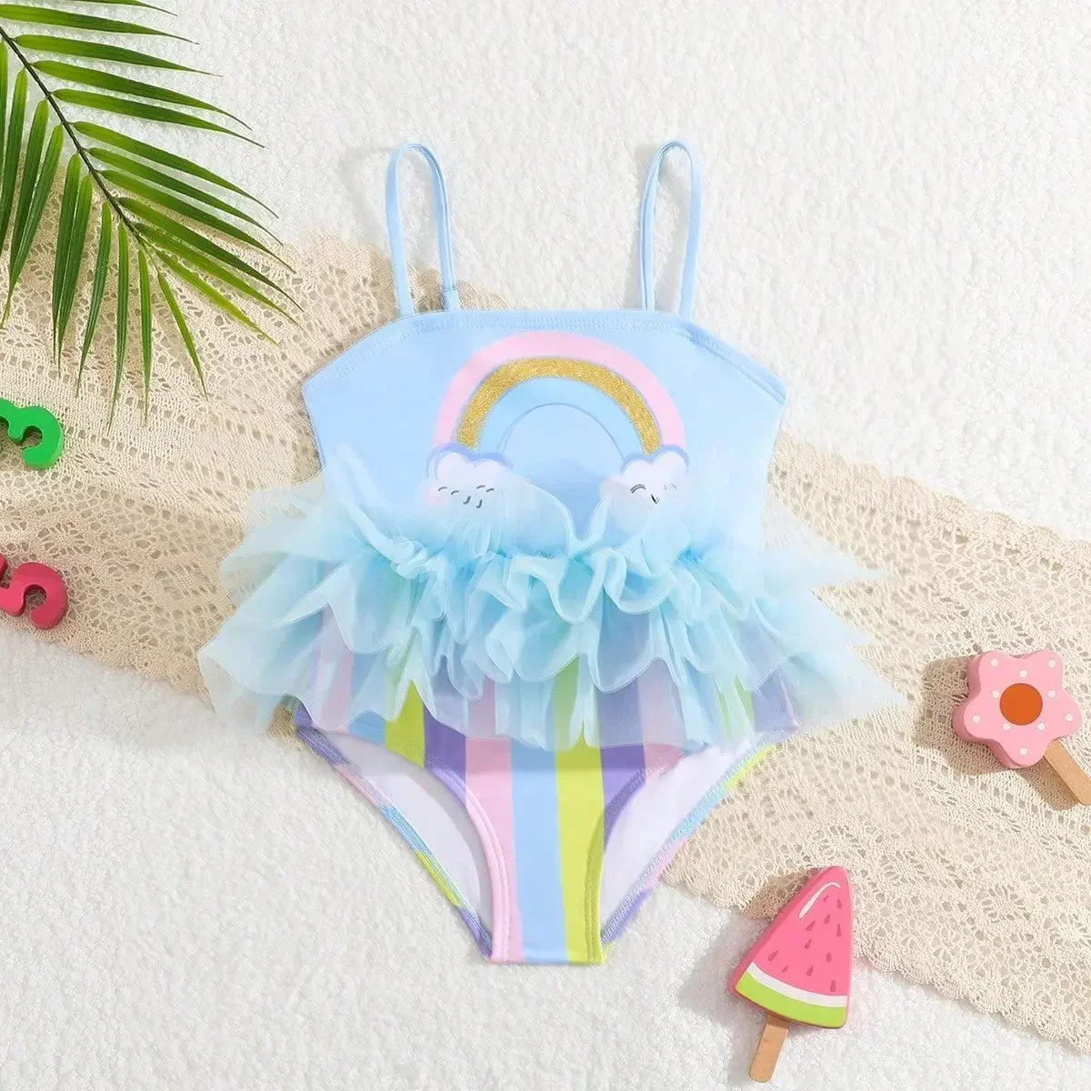 Europe And The United States Hot Selling Children's Swimsuit Mesh Ruffle Cute Girl Rainbow Printed Swimsuit One-Piece Bikini
