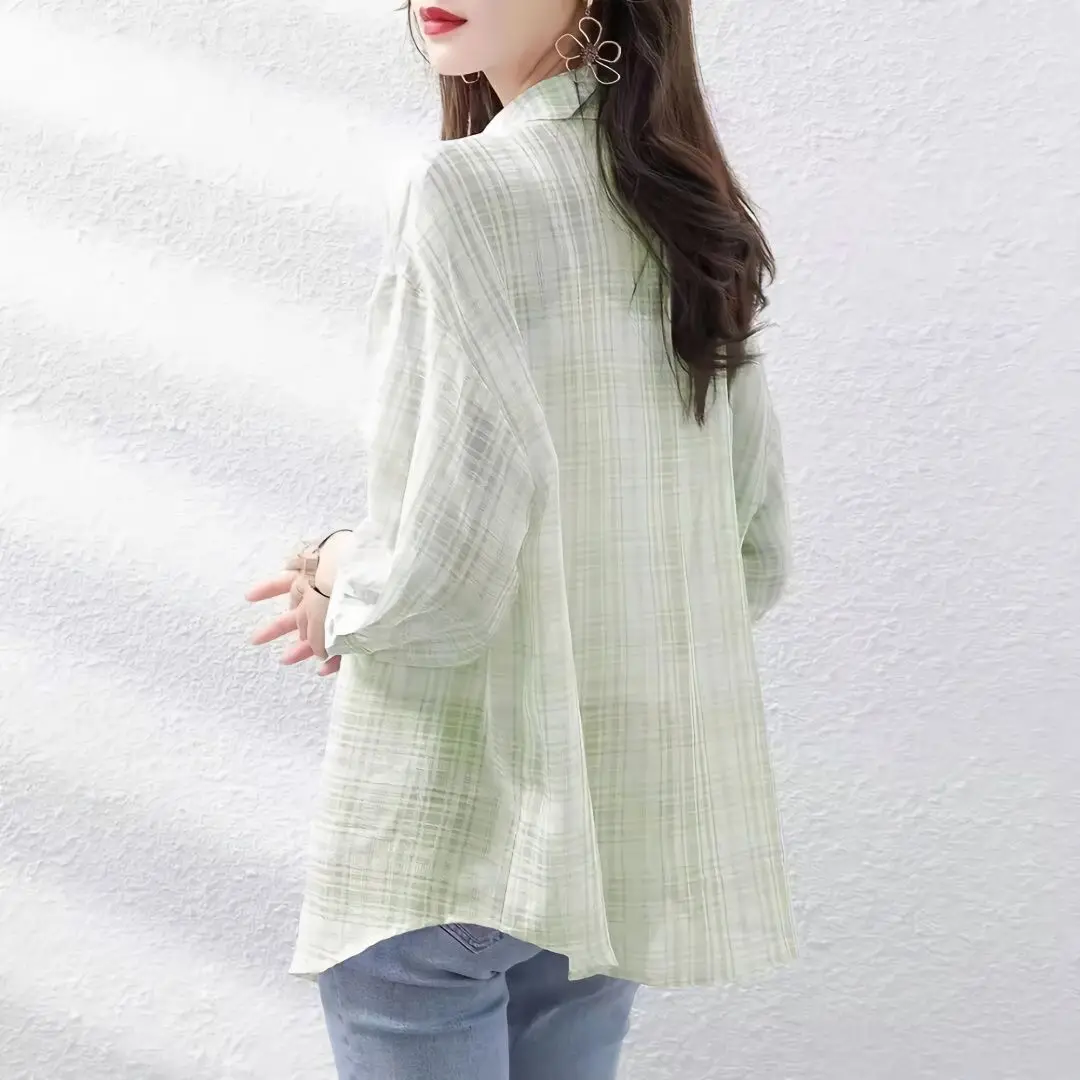 

Рубашка женская Солнцезащитная в клетку, модная однобортная Свободная блузка на пуговицах, прозрачная блузка с длинным рукавом, R77, лето 2024