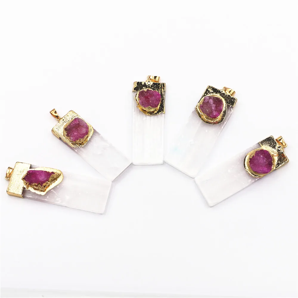 Natural Stone Selenite Plaster Red Druzy Agate Pendant Rock Mineral Specimen Jewelry Reiki Healing Energy Charms Souvenir 10PCS