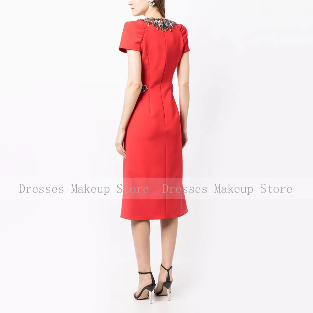 Luxury Cocktail Dresses Orange Red Crystal O Neck Column Women's Cocktail Gowns Midi Tea Length Short Sleeves Sheath Party Dress cocktail dress
