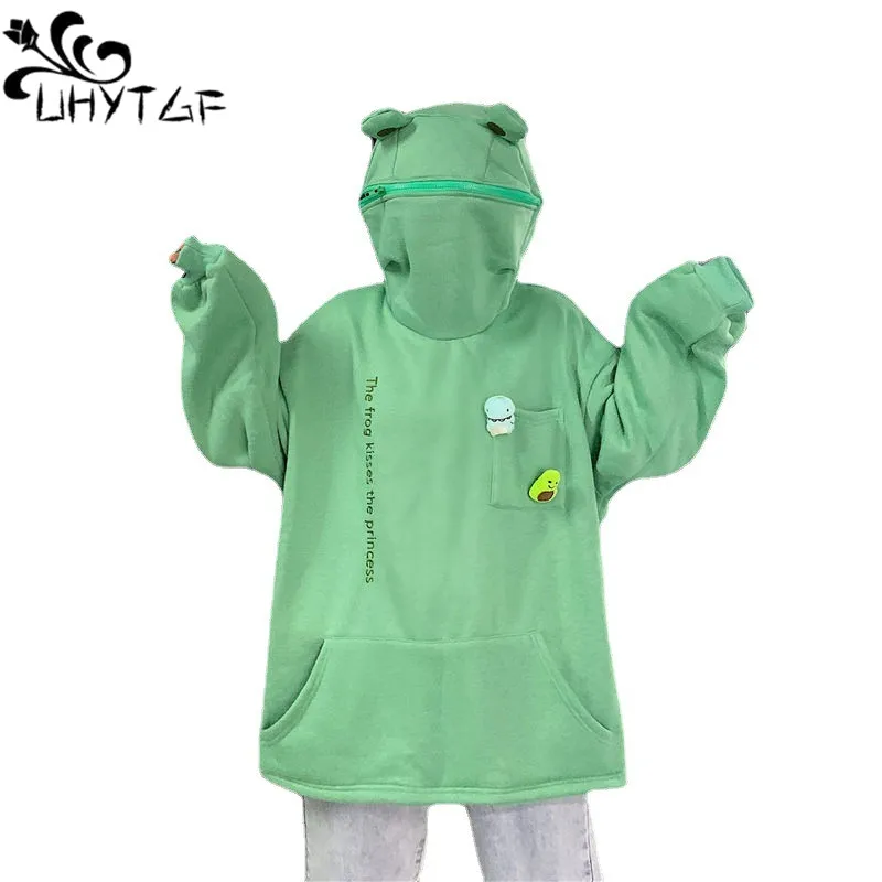 

Woman Kawaii Frog Hoodies Sweatshirt Green Long Sleeve Korea Aesthetic Women Streetwear Vintage Couple Clothes Hooded Shirt 2729