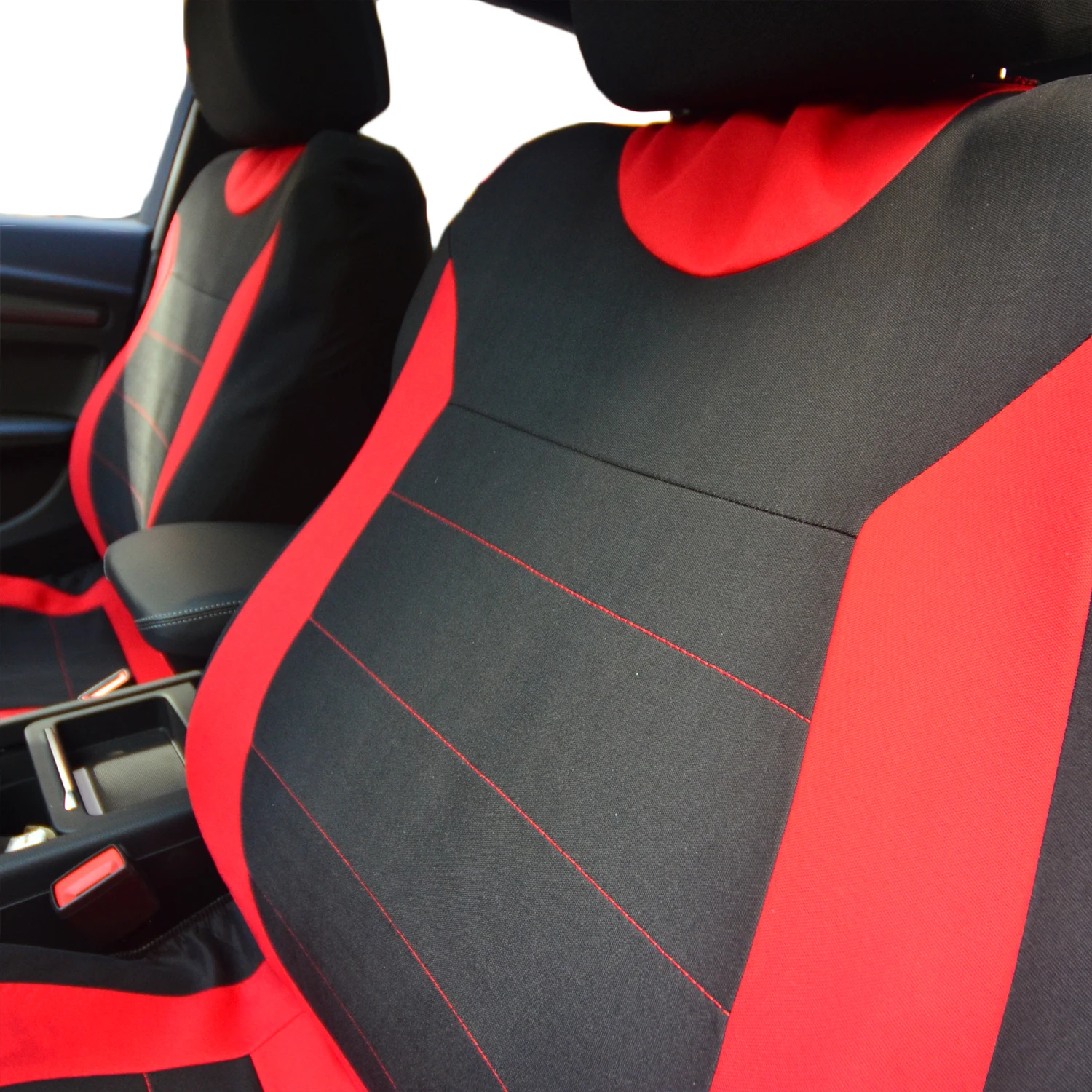 Sporty Two-Tone Fabric Car Seat Covers - Full Set for 5 Seats in Black, Red, Pink, Blue, Gray, Beige