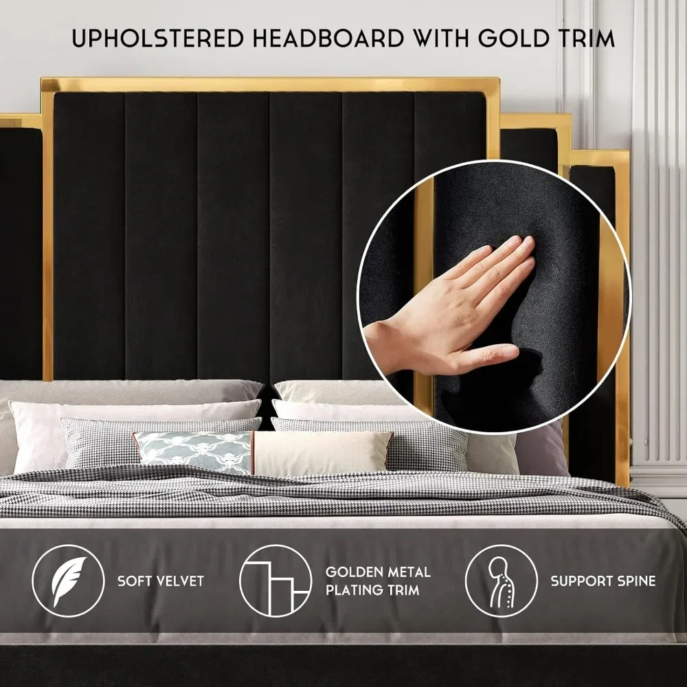 Bed Frame and 65" Headboard, Upholstered bed with Golden Plating Trim, Modern Platform Bed No Box Spring Needed, 4