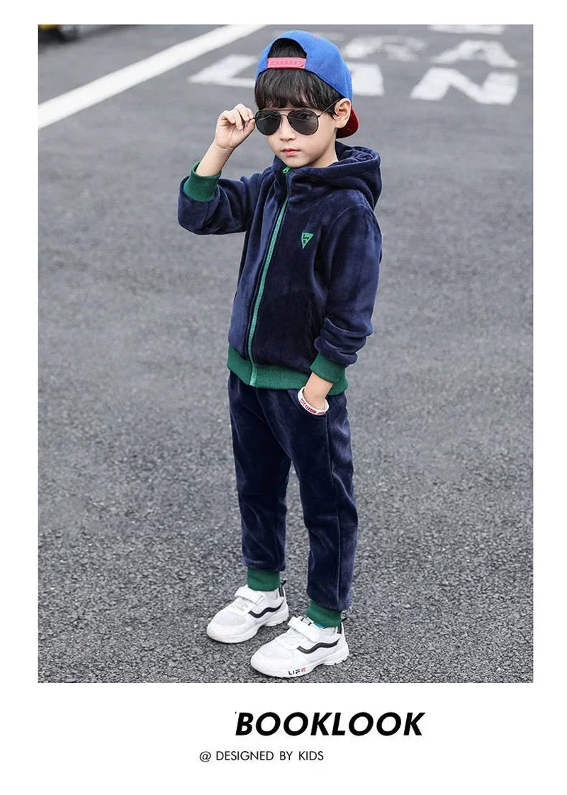 2PCS Kinder Kleidung Set doppelseitige Samt Mode Brief Hoodies Mantel + Hosen Kinder Jungen Trainingsanzug für herbst Winter – Detail 17