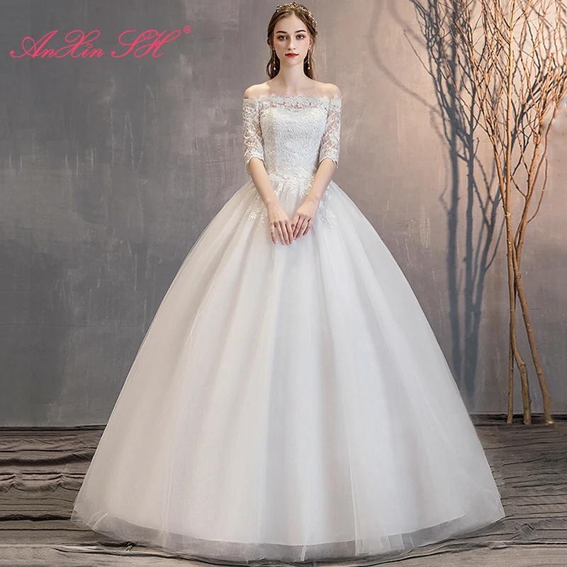 anxin-sh-princess-white-flower-lace-wedding-dress-vintage-boat-neck-half-sleeve-bride-ball-gown-lace-up-wedding-dress