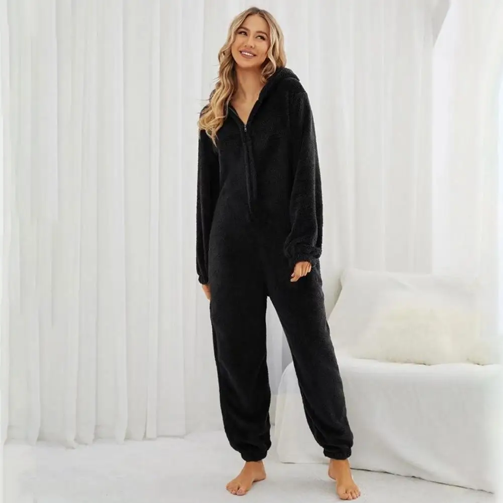 

Warm Women Pajamas Cozy Plush Winter Jumpsuit Pajamas for Women Hooded One Piece Loungewear with Zipper Closure Ankle-banded