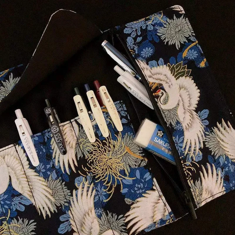 빈티지 크레인 패턴 롤업 연필 케이스 학생 및 예술가를 위한 태슬 장식이 있는 대용량 펜 커튼 문구 가방