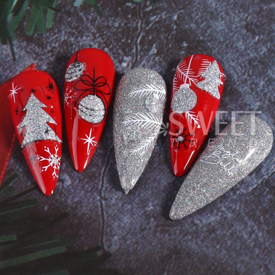 Silver Glitter Christmas Nail Stickers 3D Winter Tree Snowflake Feather Leaf Lantern Gift Wine Holographic Manicure Slider Tips 6