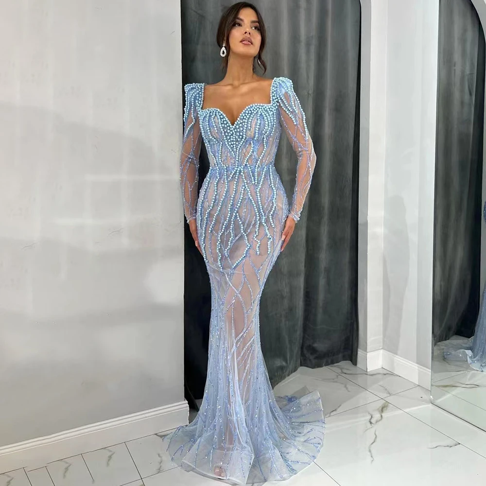 

Hot Sale Many Colors Mermaid Luxury Pearls Beaded Arabic Elegant Evening Dresses Gowns For Woman Wedding Party LA71861