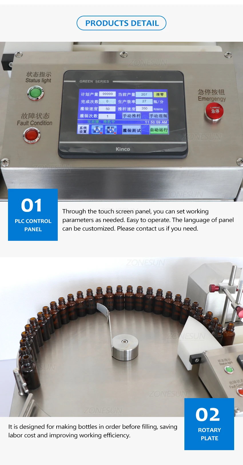 ZONESUN ZS-LPG1 Automatic Ceramic Pump Liquid Filling Machine with Bottle Sorting Unscrambler