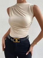 Fashion Casual Mock Neck Ruched Tank Top for Women Summer 2024 Solid Color Pleated Sleeveless Tee Shirt Tshirt Streetwear Y2K - Image 4