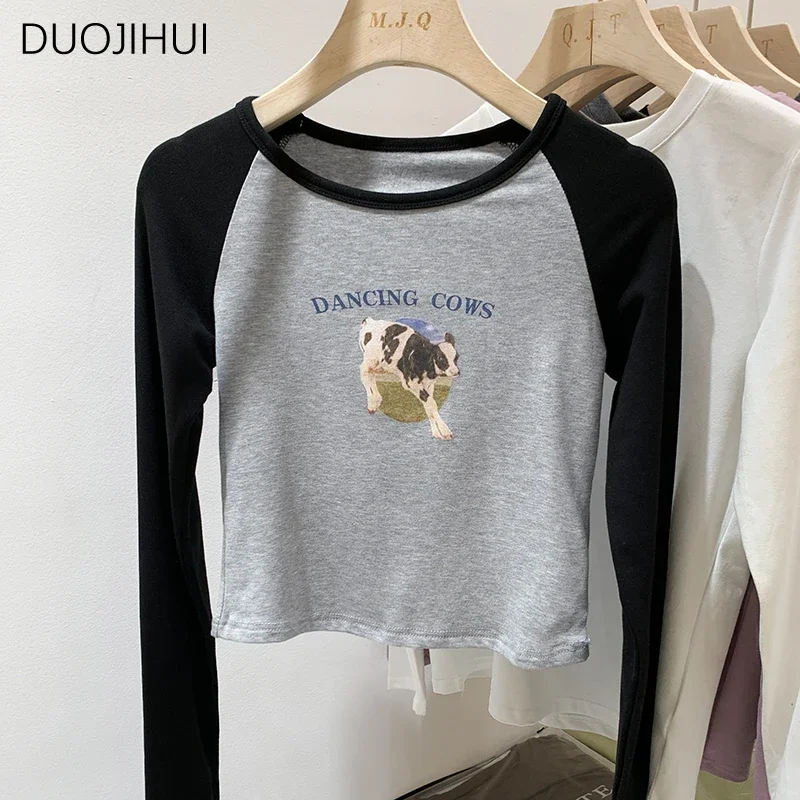 

DUOJIHUI Chic Printing Basic O-neck Slim Women T-shirts Autumn Simple Long Sleeve Classic Spell Color Fashion Female T-shirts
