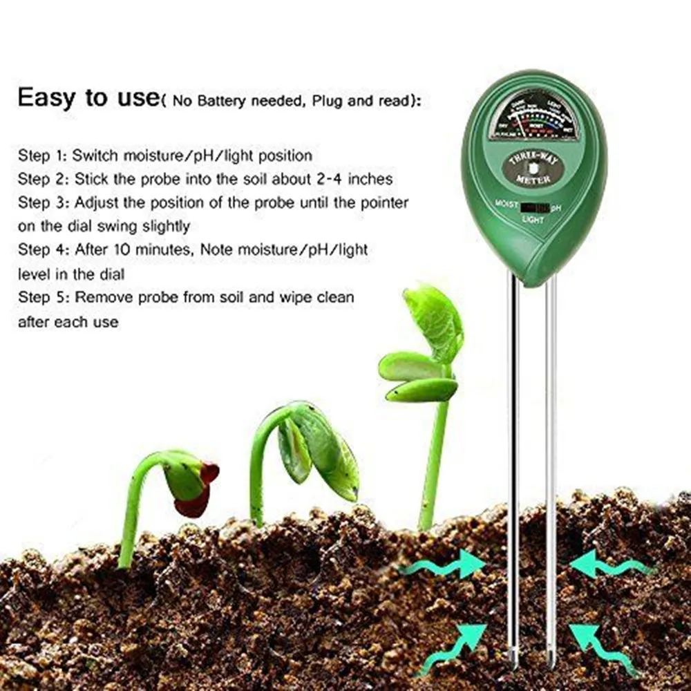 3 in 1 Soil PH Meter Sunlight PH Tester Garden Flowers Soil Moisture Sensor