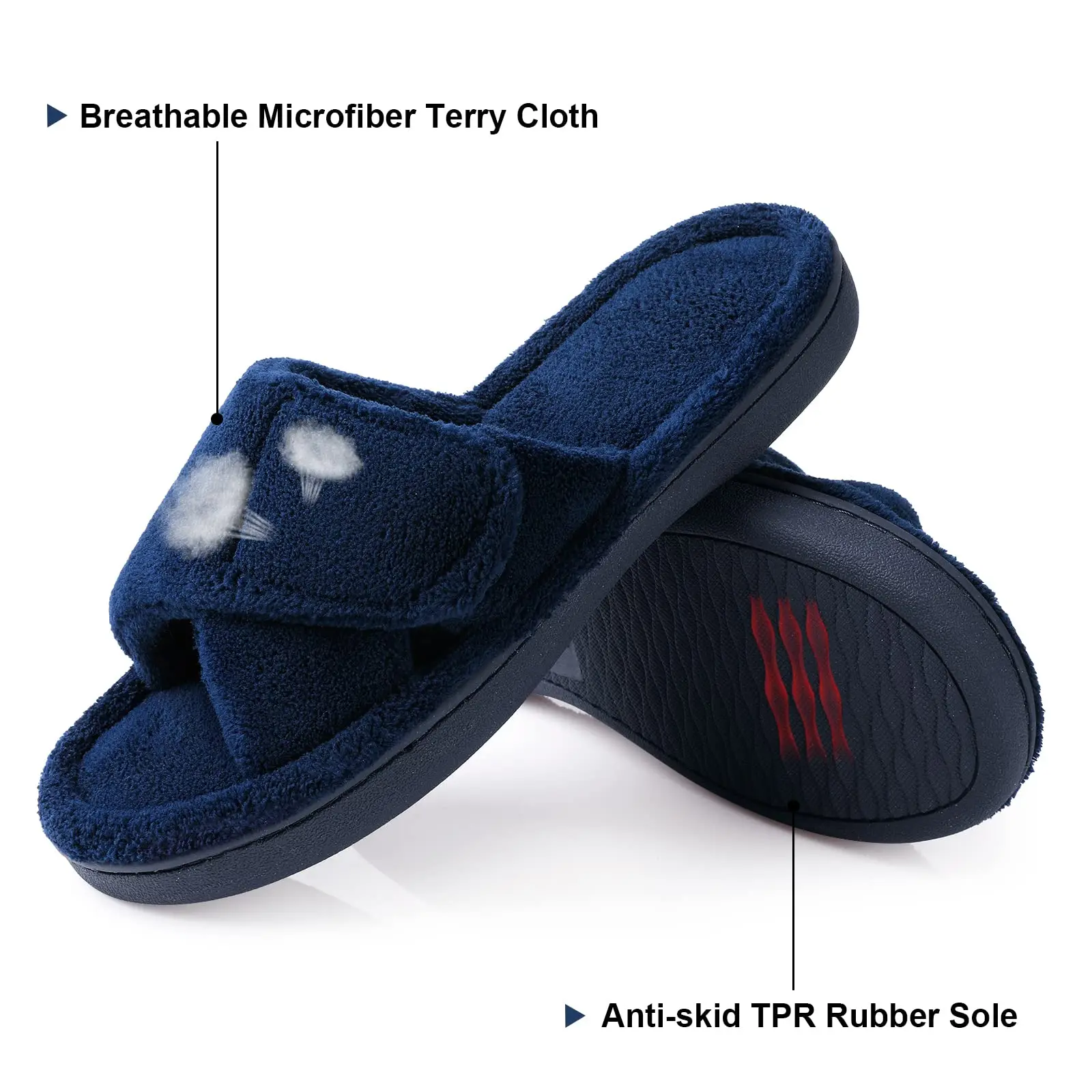 Bebealy Winter Arch Support Sippers for Women Adjustable Terry Cloth Fuzzy Indoor Slippers Open Toe House Shoes Casual Slippers