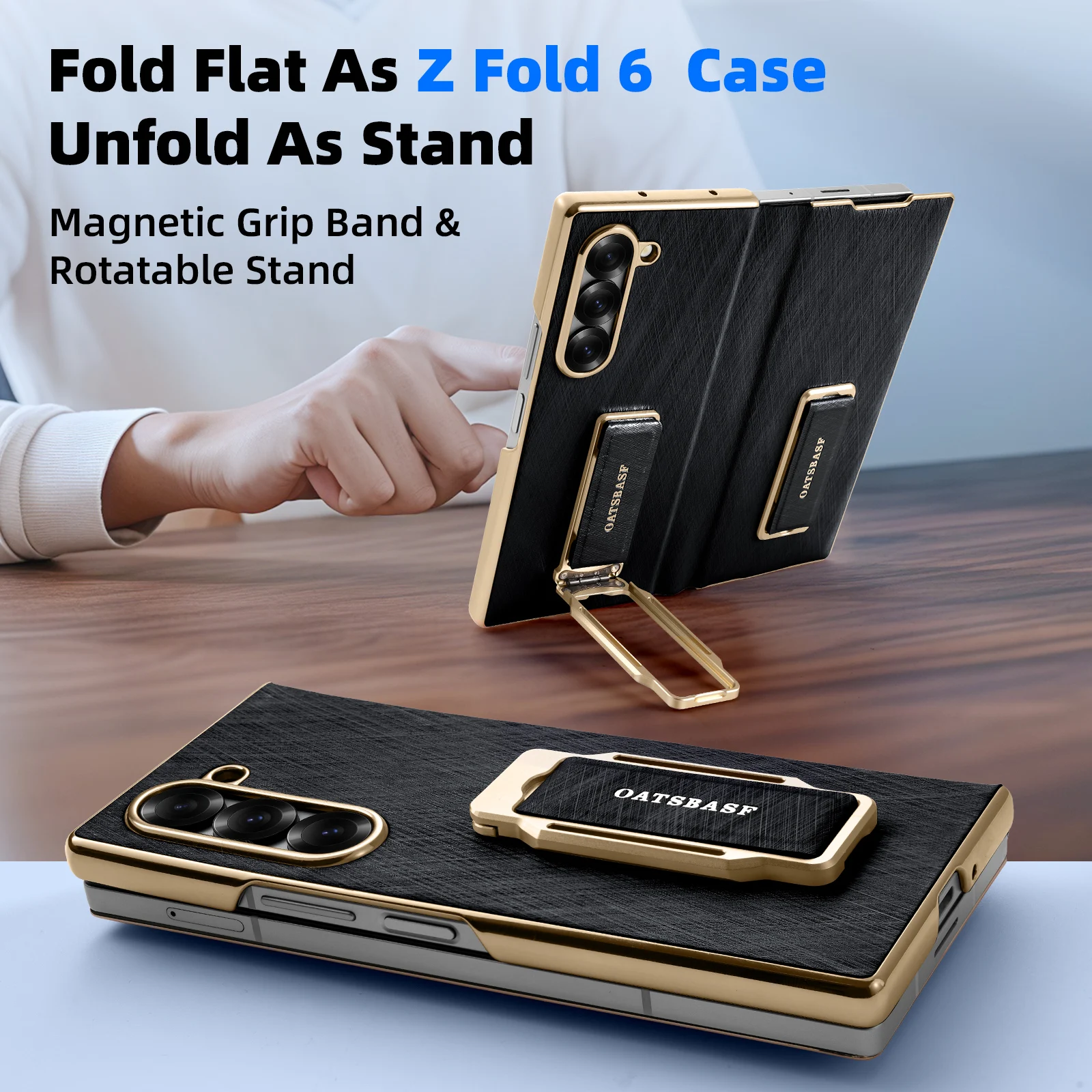 Eary for Samsung Galaxy Z Fold 6 Phone Case With Dual Wristband Leather 360° Rotation Magnetic Stand Shockproof Protector Cover