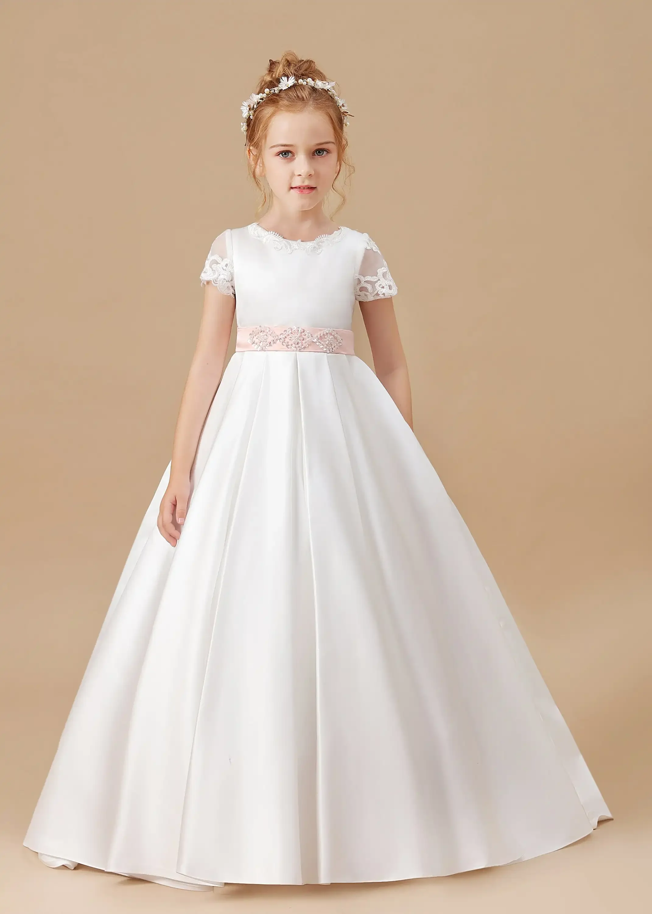 Flower Girl Dresses Customised Elegant White Satin First Communion Gowns Wedding A-line Flower Girl Dress Pink Bow Belt