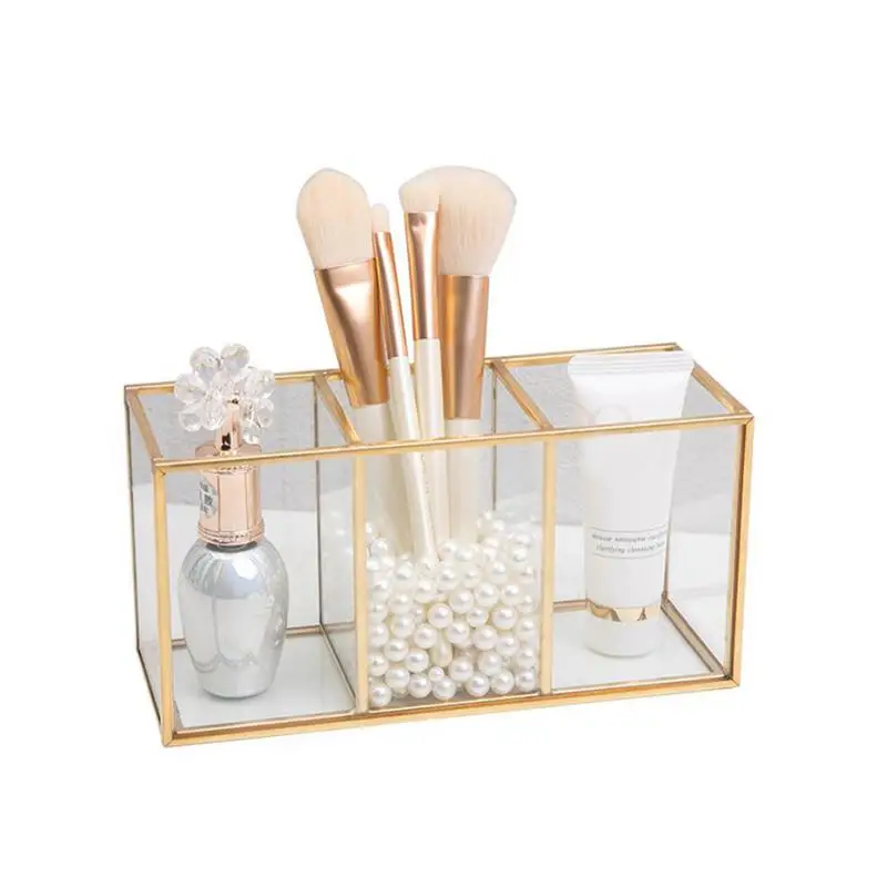 

Transparent Makeup Brush Storage Box Transparent Glass Cosmetic Brushes Storage With 3 Slots Cute Pen And Pencil Holder For Desk