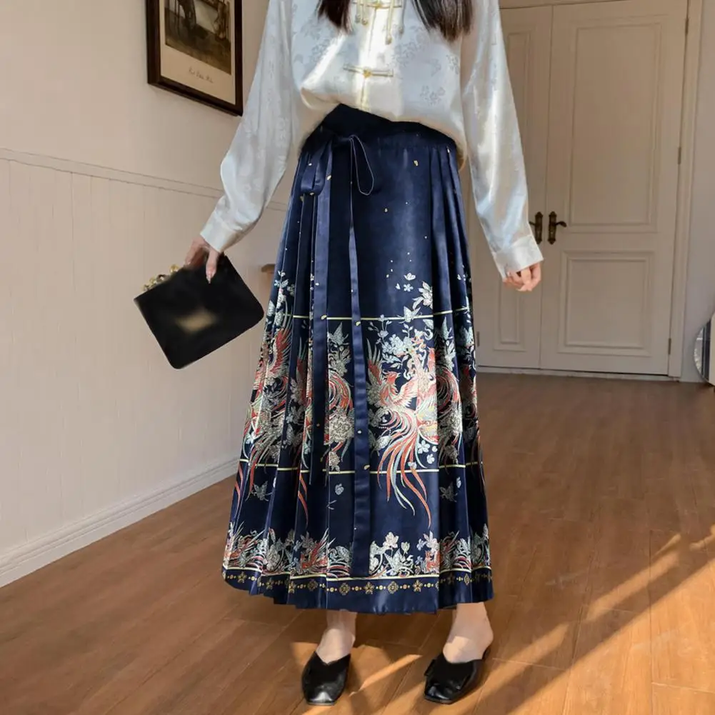 

Chinese Skirt Elegant Vintage Chinese Style Women Maxi Skirt with Phoenix Print Horse Face Design High Waist Pleated for Hanfu