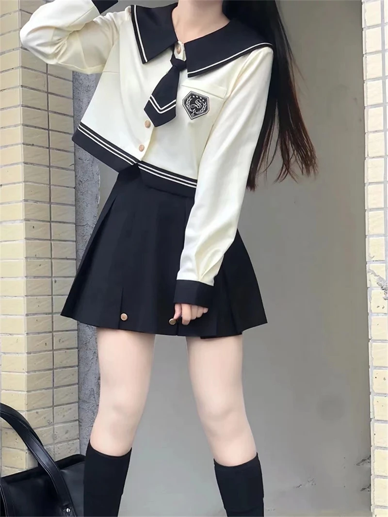 High School South Korea Students JK Uniform Short Sleeve Beige Shirts Black Pleated Skirt Female Summer Suit Basic Women