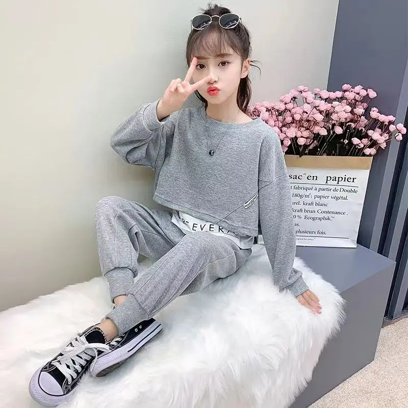 2025년 가을 10대 회색 여자아이 겨울 정장 옷 긴팔 상의 스웨트셔츠 + 발목 묶는 바지 6 7 8 9 10 11 12세 아동 세트