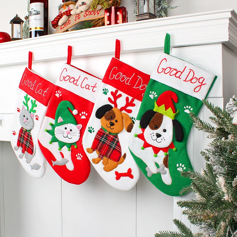 Cute Dogs and Cats Cartoon Christmas Stockings Pendant Christmas Tree Gift Bag Decorative Socks christmas decorations