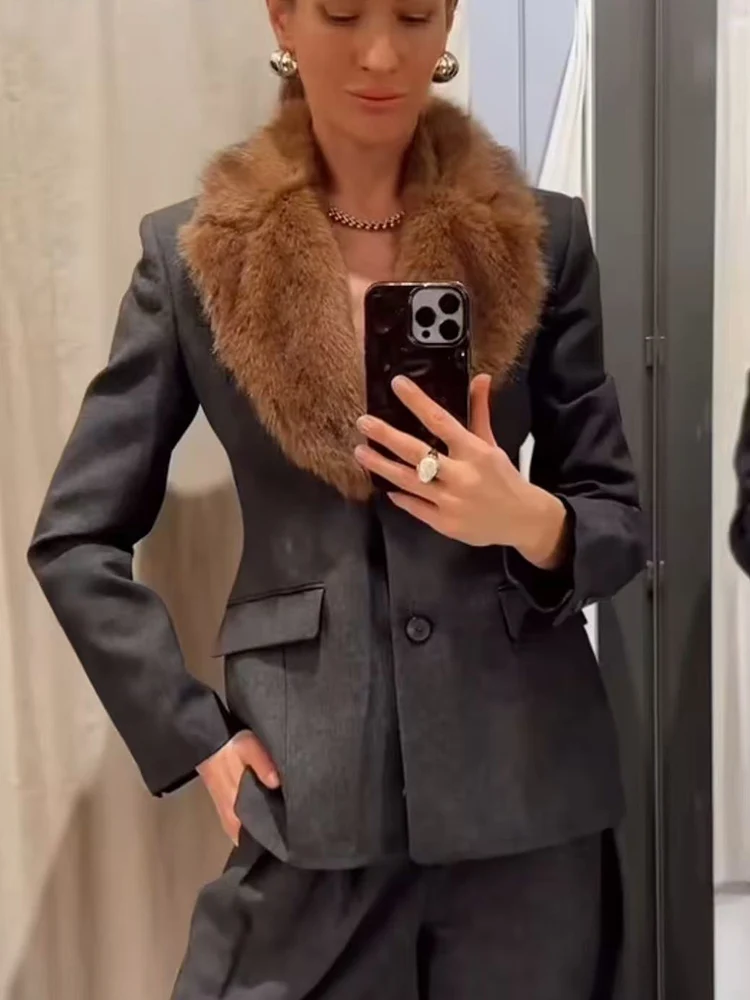 Women Fur Collar Suit Coats Elegant Casual Lapel Long Sleeve Pockets Decoration Single Breasted Ladies Slim Fashion Blazers