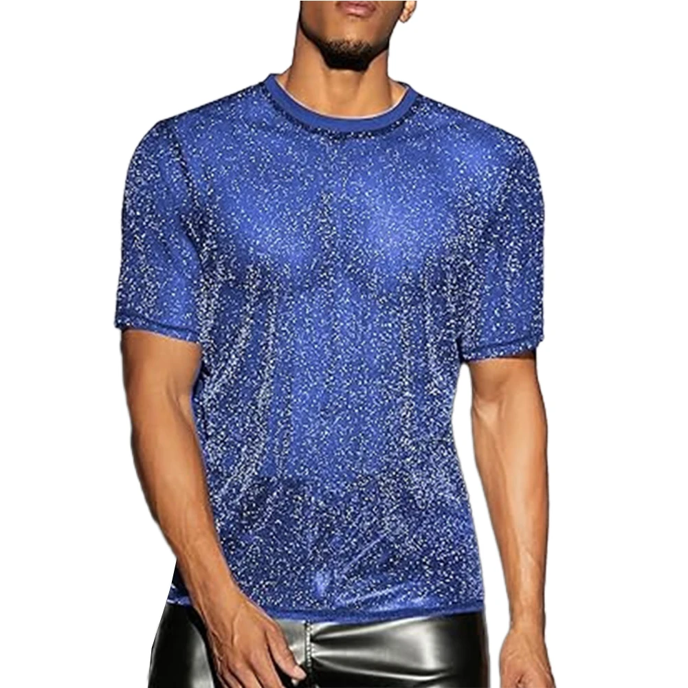 

T-Shirt Mens Top M-2XL Mesh Nightclub Polyester Regular Round Neck See Through Shiny Short Sleeve Blouse Brand New