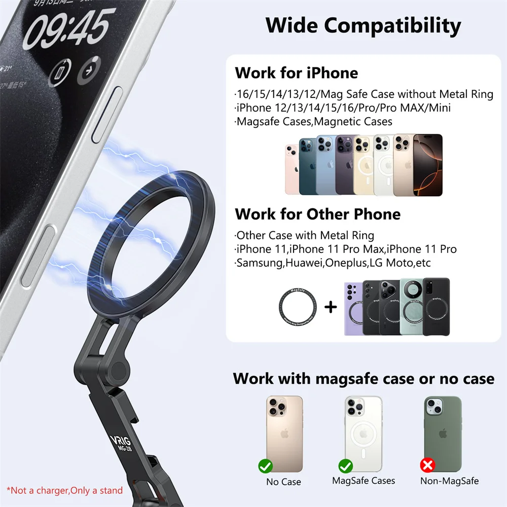 VRIG 마그네틱 콜드 슈 마운트 폰 홀더 W 1/4 폰 삼각대 마운트 (MagSafe 아이폰 16 15 14, 삼성 카메라, 마이크, 라이트, 모니터용)