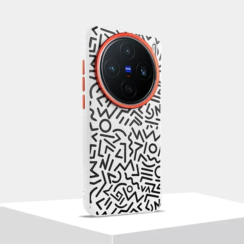 Graffiti-Style Leather Phone Case with Metal Lens and All-Inclusive Protection