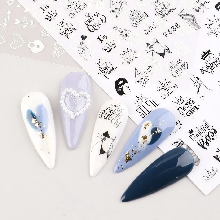 2pcs Heart Love Design 3D Nail Art Stickers English Letter Cool Girl Face Sliders Valentine Day Manicure 4