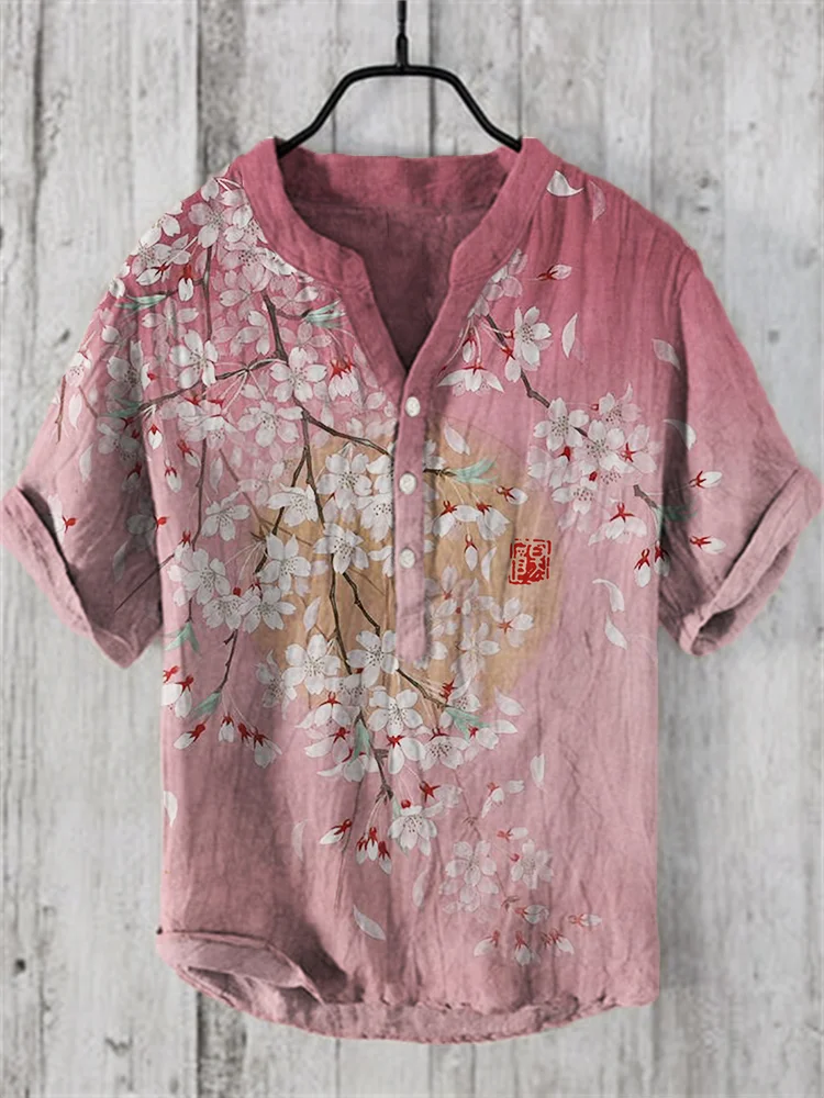 Japanese frog print Henley Shirt Men's Cool And Thin Breathable Summer Shirts Button Stand Collar Shirt v-neck henley shirt 2