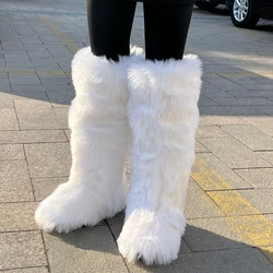 2023 Winter Thigh High Fluffy Boots Ladies Furry Faux Fox Fur Long Warm Shoes Women New Designer Plush Knee High Fur Boots Girls