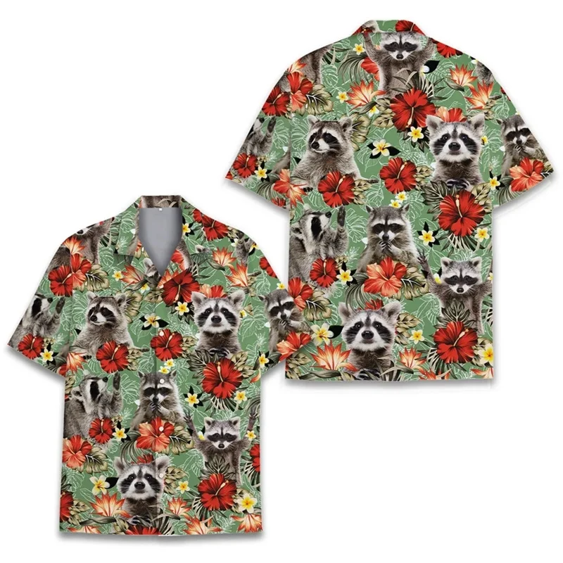 thumbnail image 1 of Camisas hawaianas de mapache con estampado 3D de manga corta holgadas y transpirables estilo polinesio Tiki para hombre y mujer, para fiestas en la playa, 1 of 5