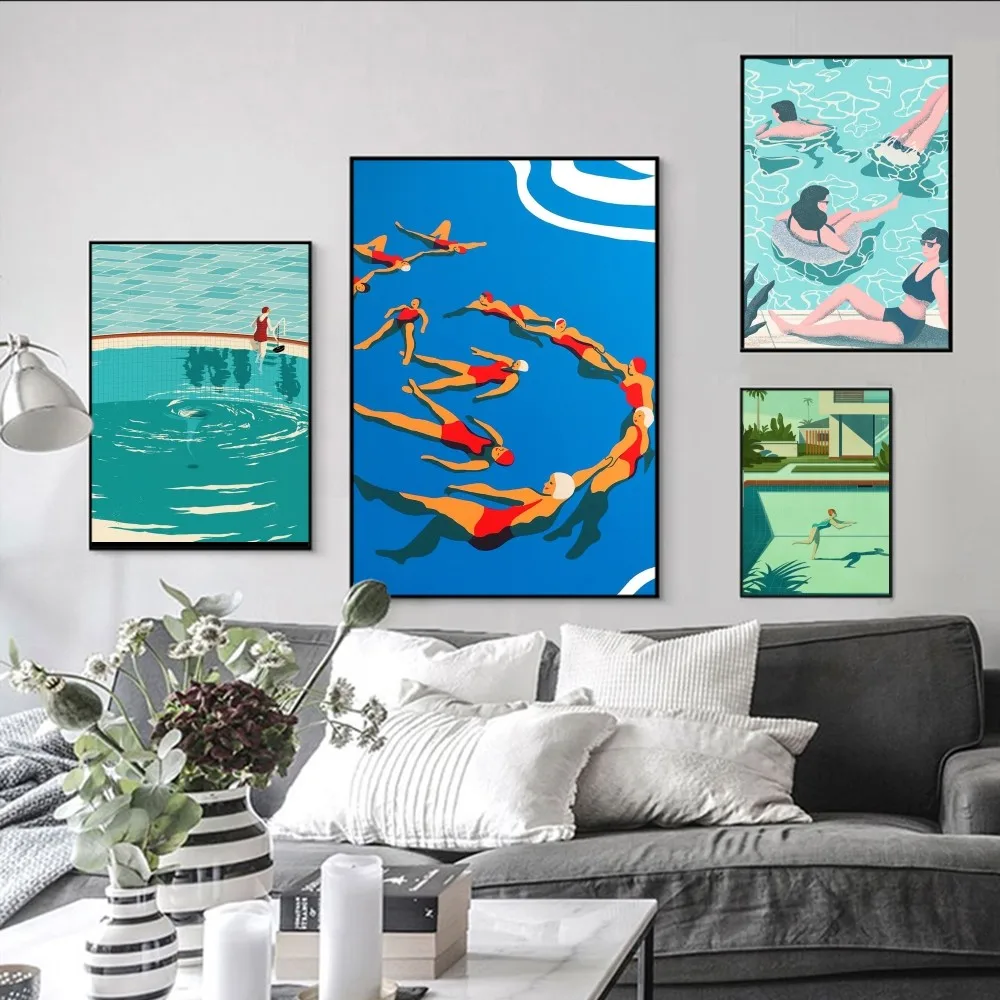 

Swimming pool drawing Poster Self-adhesive Art Poster Retro Kraft Paper Sticker DIY Room Bar Cafe Vintage Decorative Painting