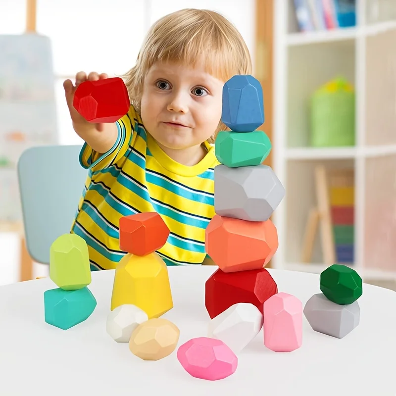 Wooden Balancing Stacking Stones Rocks, Building Blocks Set, Sorting and Stacking Games, Montessori Puzzle Toys for Kids Gifts