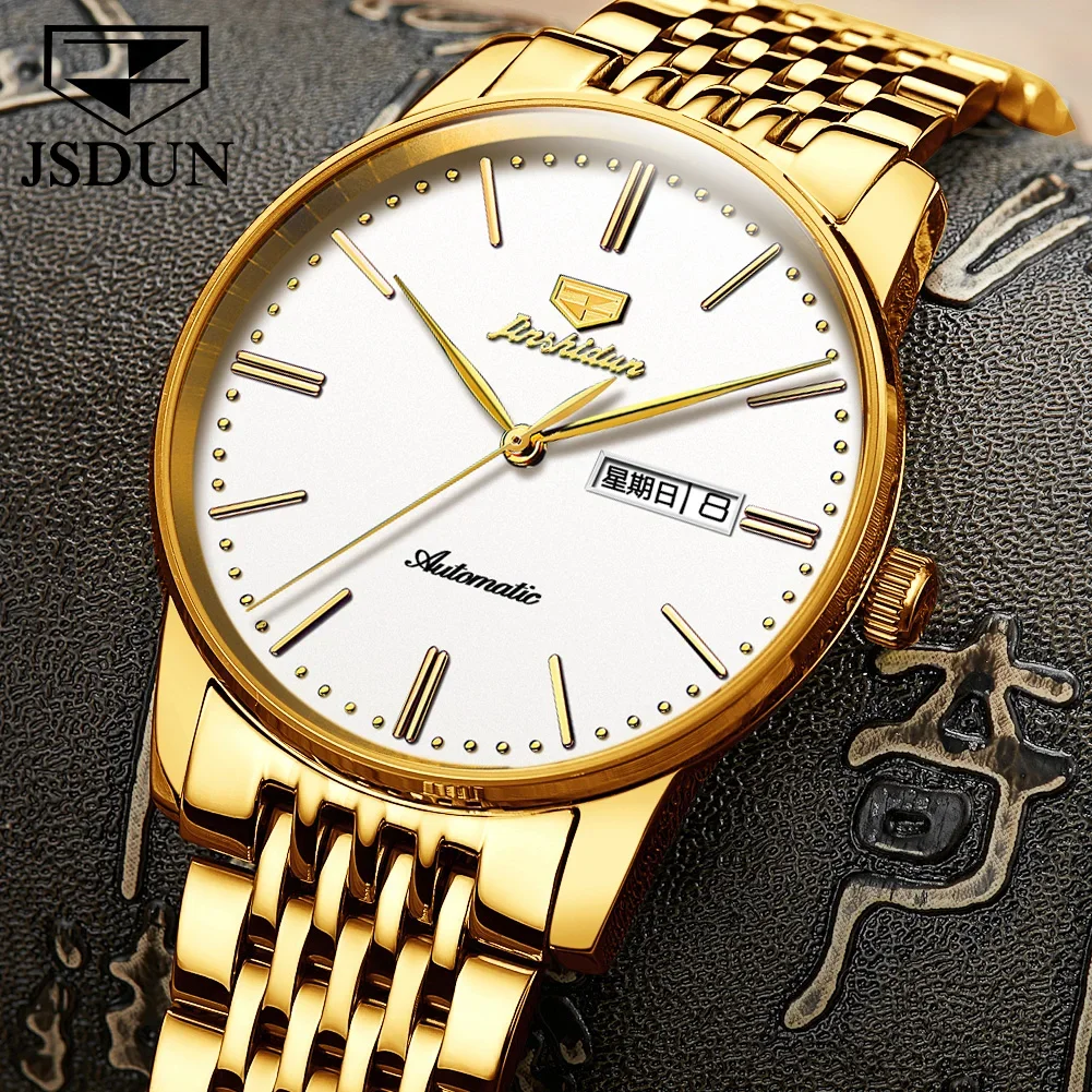 

JSDUN 8767 Business Automatic Mechanical Watches For Men Waterproof Stainless Steel Strap Men Wristwatches Calendar Week Display