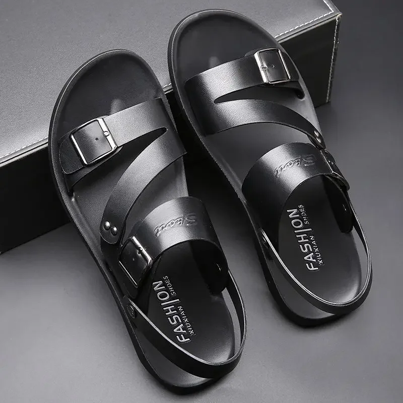 Men's Sandals Solid Color PU Leather Men's Summer Shoes Casual Comfortable Open Toe Sandals Soft Beach Shoes leather sandals,summer sandals