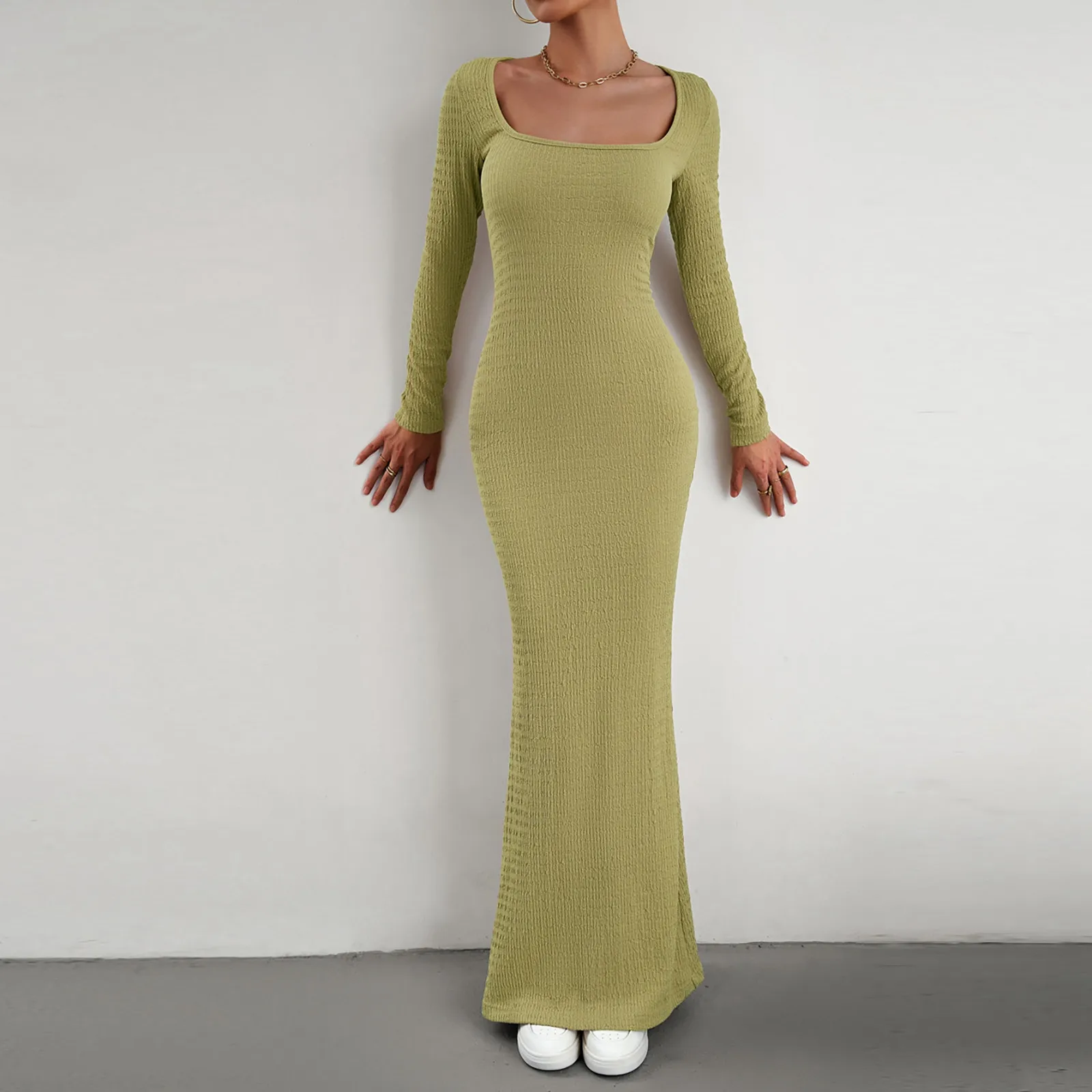 

Womens Autumn Winter Casual Comfortable Elegant Slim Fit Square Neck Long Sleeve Knee Length Summer Dress V Neck Maxi Dress