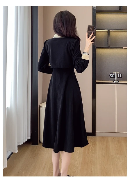 Fashion Black Corduroy Dress for Women Luxury Vintage Single  
