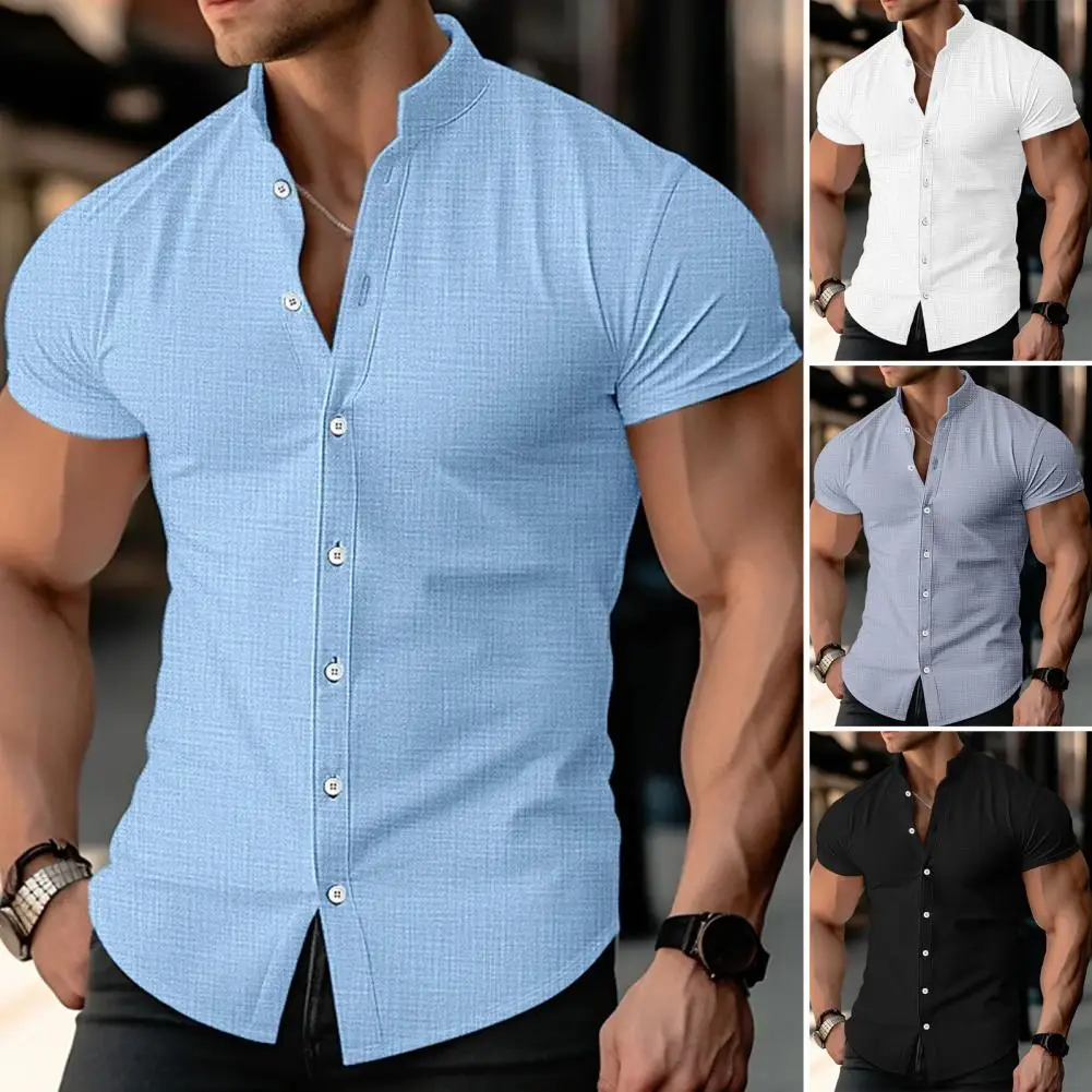 

2023 men Hawaii new fashion design men's casual retro buttons solid color cotton linen breathable short-sleeved shirt