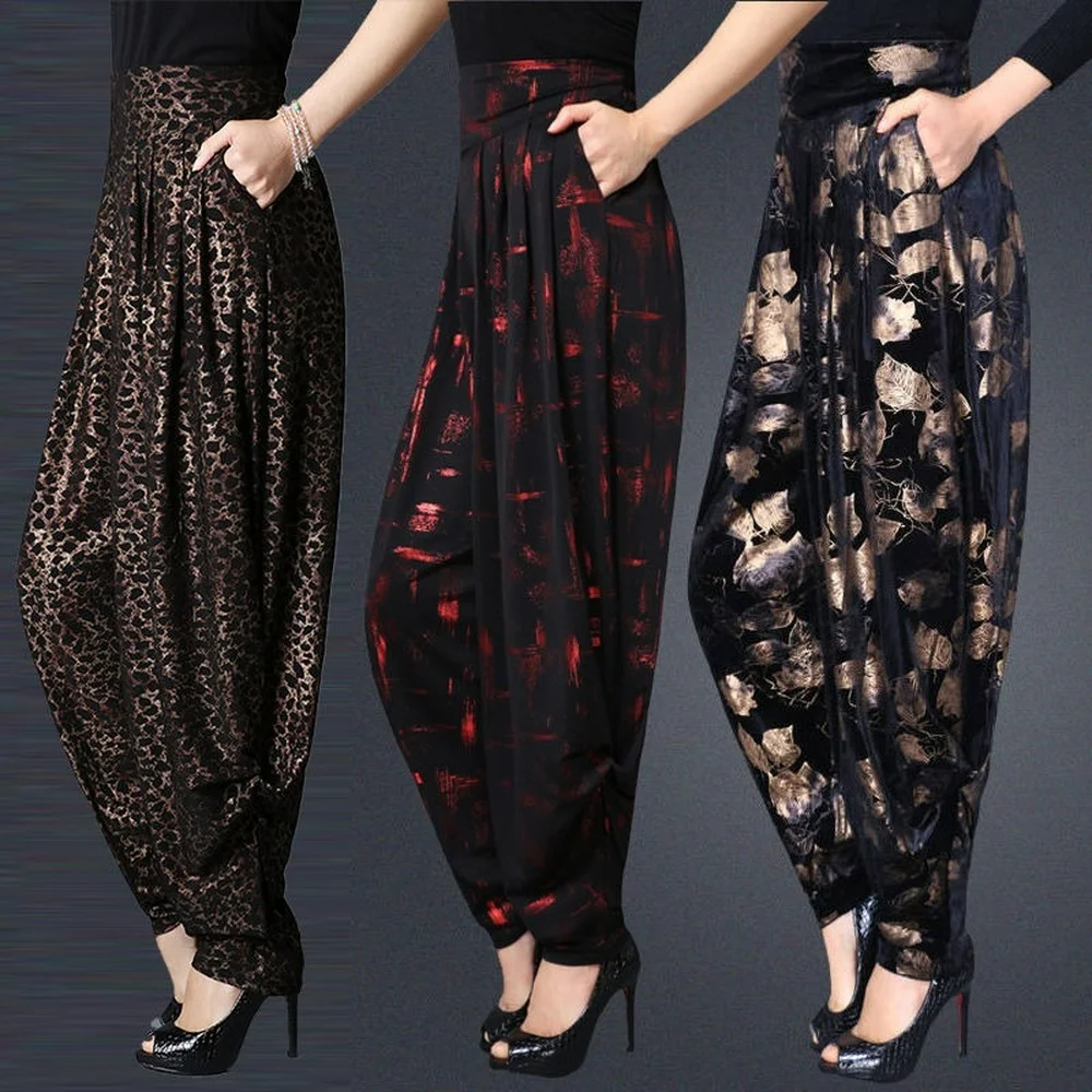

4XL Womens Silk Velvet Printed Harem Pants Wide Leg Loose Casual Trousers S843