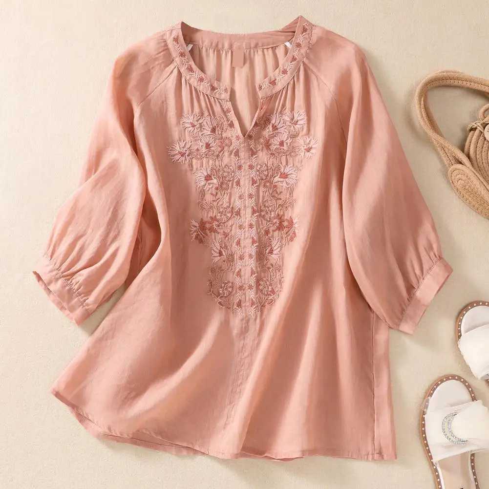 

Women V-neck Shirt Solid Color Shirt Elegant Floral Embroidered V-neck Blouse for Women Stylish Three Quarter Sleeve Loose Fit