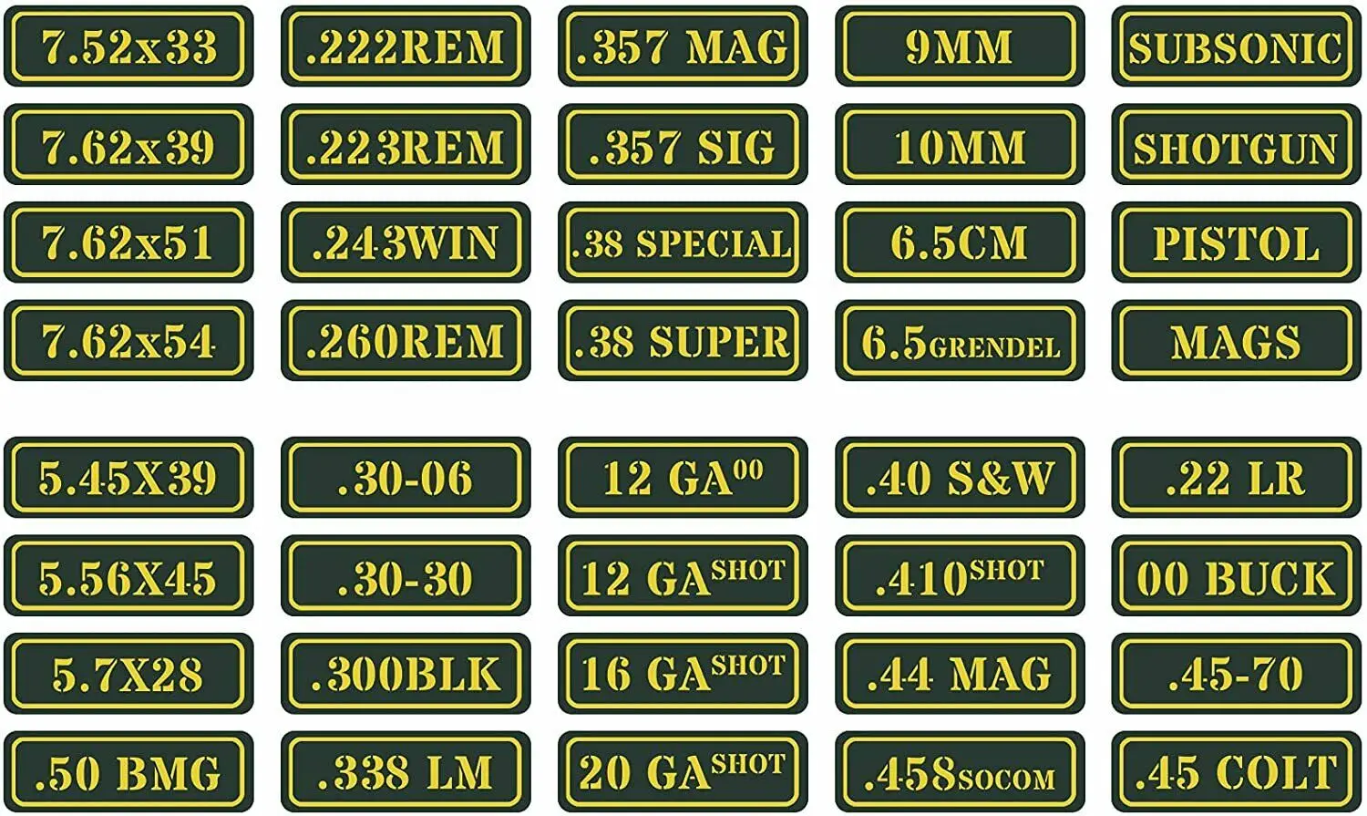 Raiseek Ammo Can Stickers - Vinyl Decals For .22, 9mm, .45, 5.56, 12GA & More (16 Pack)