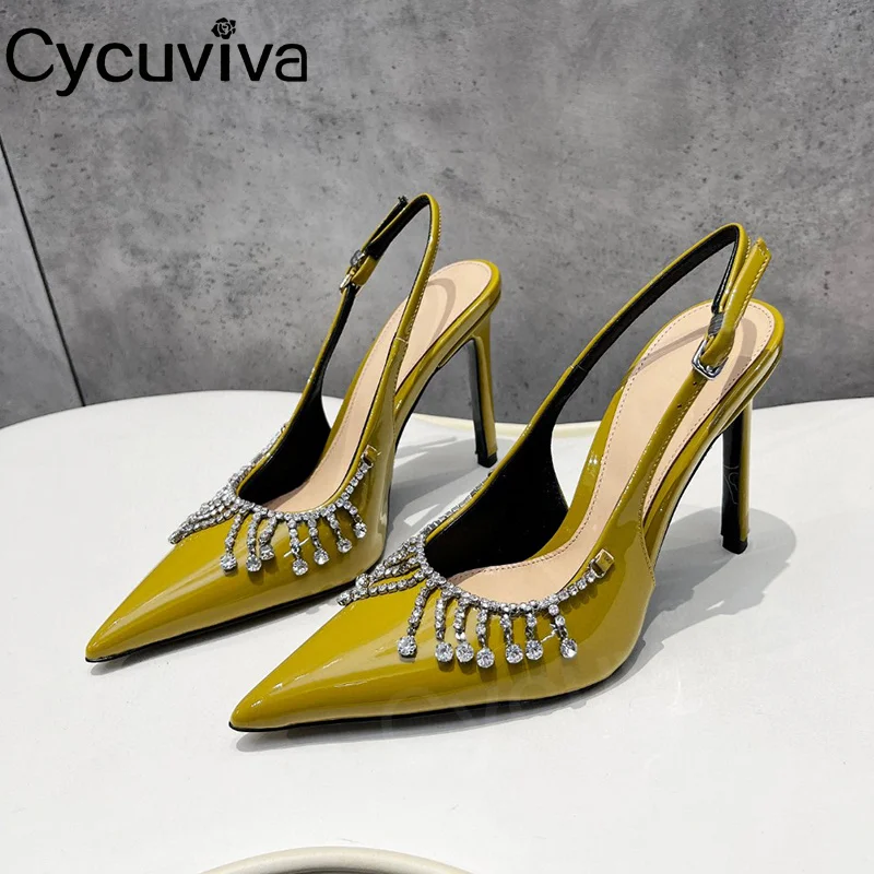 

Sexy Crystal China Decor High Heel Pumps Patent Leather Women Party Shoes Point Toe Slingback Summer Formal Party Sandals Wome