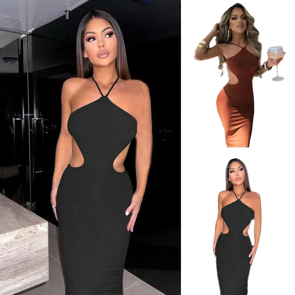 

Women's Knitted Dress Halter Neck Sexy Sleeveless Shaped Beautiful Back Waistless Bodycon Maxi Dress Fashion Elegant Tight Dress