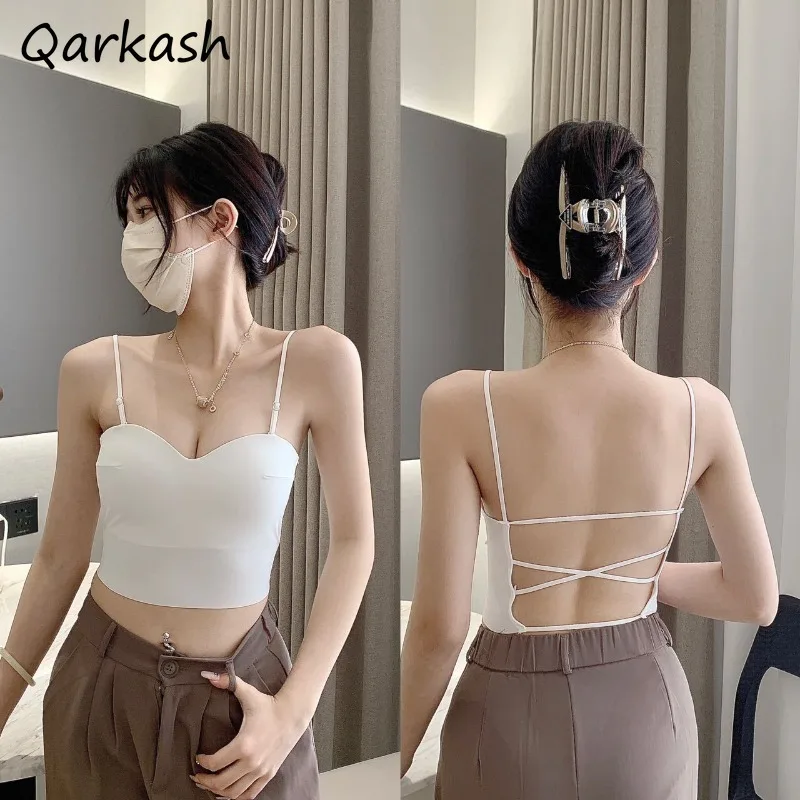 

Backless Camis Women Casual Chic Fashion Cropped High Street Vintage Sexy Cozy Breathable Daily All-match Pure Color New Arrival