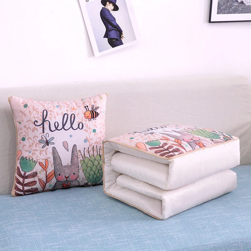 2 In 1 Pillow Travel Quilt Blanket Cartoon Thick Throw Pillow Portable Foldable Air Conditioner Cushion Blanket Car Sofa Office