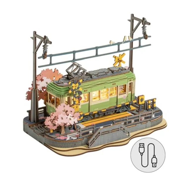 Robotime Model Kits Sakura Tram with LED Lights 3D Wooden Puzzles Home Decor Gift for Adults Women Girls