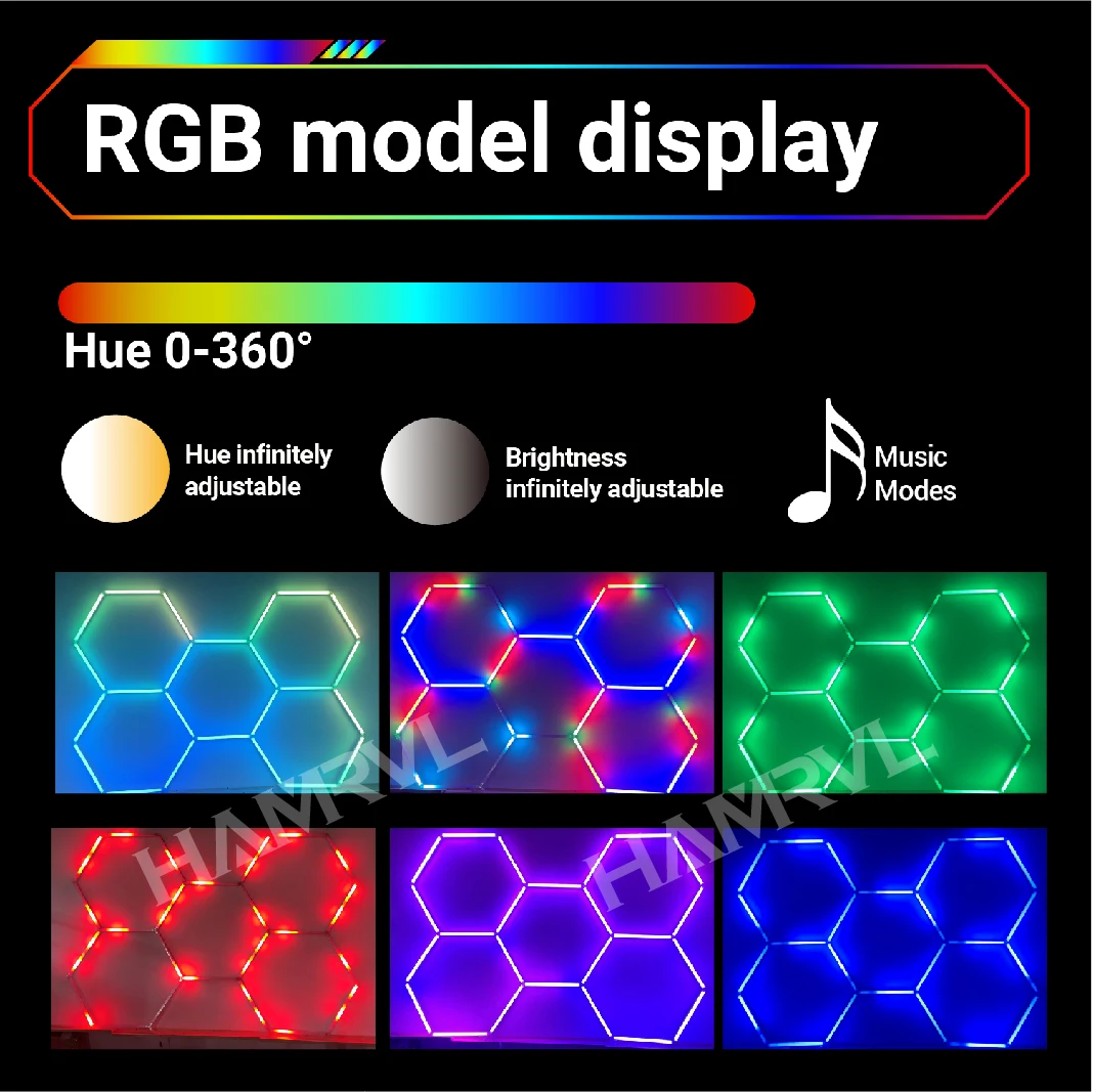RGB 육각형 LED 조명, 다채로운 색상 변경 데코 조명, 자동차, 차고, 체육관, 파티, 클럽, 무대, 게임, 사운드 감지, 벽, 천장, 디밍 기능